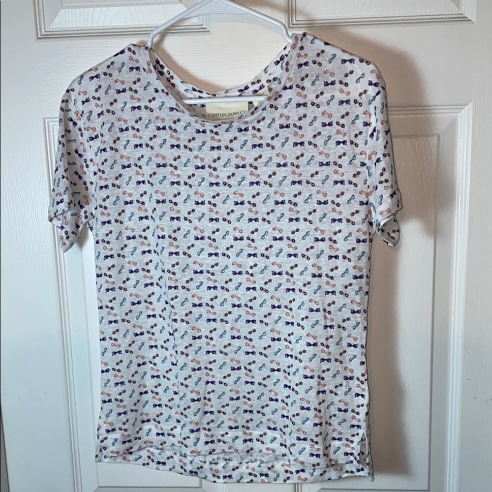 100% Linen Cynthia Rowley White and Pink Short Sleeve Tee Sunglasses XS